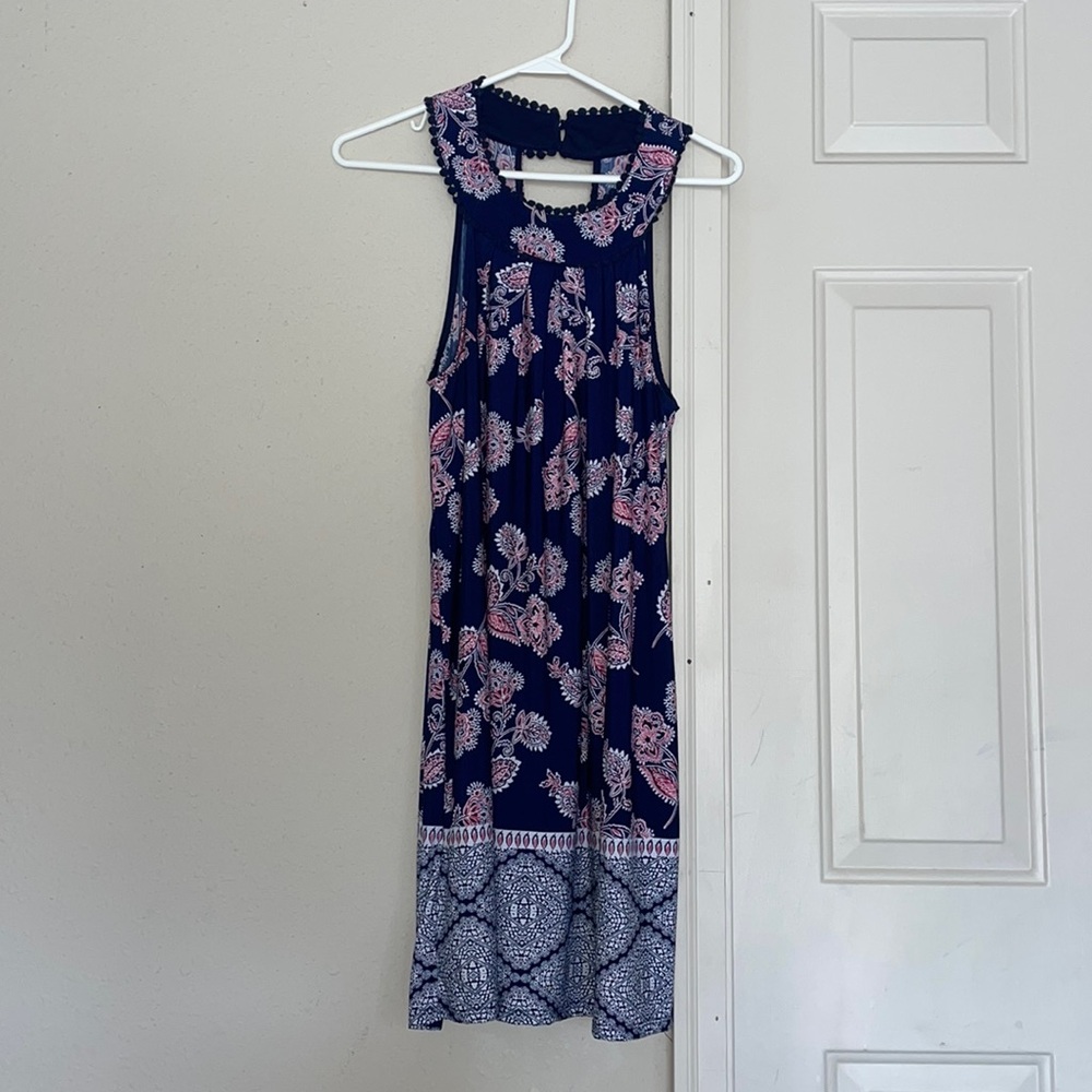 Navy printed high neck flowy dress